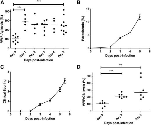 Figure 1. Plasma VWF:Ag and VWF:CB levels are increased in ECM. Following intraperitoneal inoculation with 2 × 106 P berghei ANKA parasites, whole blood samples were collected from WT C57BL/6J mice by cardiac puncture. (A) Plasma VWF:Ag levels were then measured at each time point by ELISA. All ELISAs were performed in triplicate, and results presented represent the mean values ± SEM unless otherwise stated (*P < .05, **P < .01, ***P < .0001, respectively). (B) Peripheral blood P berghei parasitemia levels were determined from Giemsa-stained smears (n = 16; mean values shown). (C) ECM progression was monitored using a previously validated clinical scoring algorithm (n = 16; mean values shown). (D) Plasma VWF:CB activity levels were also determined by ELISA, as detailed in the “Materials and methods” section.
