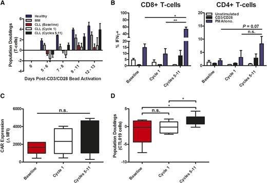 Figure 2. Long-term oral ibrutinib therapy corrects functional defects in CLL patient T cells and enhances CTL019 cell generation. (A) Kinetics of CD3/CD28 bead–activated T-cell enrichment/expansion using static culture conditions in healthy donors (n = 5), MM patients (n = 5), and CLL patients at baseline, after cycle 1, and after 5 to 11 cycles of ibrutinib therapy (n = 10). (B) Frequency of IFN-γ-expressing CD8+ and CD4+ T cells shown in unstimulated, CD3/CD28−, and phorbol myristate acetate/ionomycin (PMA/Iono.)-stimulated ex vivo samples from CLL patients (n = 6) before and during ibrutinib therapy. (C) Efficiency of anti-CD19 CAR gene transfer into CLL patient T cells at baseline, after cycle 1, and after 5 to 11 cycles of ibrutinib treatment, expressed as the fold change in expression (geometric MFI) over matched untransduced samples (n = 6). (D) Maximum expansion of CTL019 cells generated from a longitudinal series of CLL patient T-cell samples at baseline, or after short-term and prolonged oral ibrutinib treatment (n = 10). Horizontal bars, boxes, and whiskers depict median, 25%/75% quartiles, and range, respectively. *P < .05, **P < .01; error bars represent the mean ± standard error as determined by a 2-tailed Student t test. MFI, mean fluorescence intensity; n.s., not statistically significant.