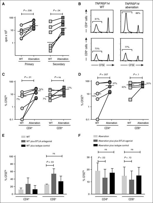 Figure 4. FL B cells with dual TNFRSF14 aberrations stimulate greater allogeneic T-cell proliferation than WT FL B cells. (A) Proliferation of allogeneic T cells measured by thymidine incorporation after primary (n = 7) and secondary (n = 6) coculture with TNFRSF14 WT or dual TNFRSF14 aberration FL B cells. Horizontal lines show median values. (B) Representative histograms of CFSE dye dilution in allogeneic T cells in secondary coculture with FL B cells. Numbers are proportions of proliferating cells. (C-D) Proportion of proliferating allogeneic CD4+ and CD8+ T cells after primary (C; n = 7) and secondary (D; n = 5) coculture with FL B cells. Horizontal lines show median values. (E) Proportion of proliferating CD4+ and CD8+ T cells after primary allogeneic coculture with TNFRSF14 WT FL B cells without and with exogenous BTLA antagonist or isotype control antibody. (F) Proportion of proliferating CD4+ and CD8+ T cells after primary allogeneic coculture (n = 3) with FL B cells with dual TNFRSF14 aberrations without and with exogenous BTLA agonist or isotype control antibody. Mean values ± standard deviation for 3 independent experiments are shown in panels E-F. P values are for 2-tailed Student t tests throughout. cpm, counts per minute.