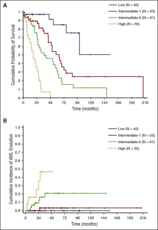 Figure 3. OS and cumulative incidence of leukemic evolution according to the CPSS-Mol in the learning cohort. (A) OS and (B) cumulative incidence of evolution into AML of patients classified into CPSS-Mol risk groups. The number of patients (N) in each category is reported: low risk group accounted for 22% of patients, intermediate-1 for 29%, and intermediate-2 and high-risk groups for 33% and 16% of patients, respectively.