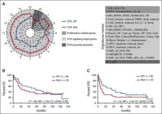 Figure 7. Biological significance and clinical relevance of TCR signaling–related mutations. (A) Spider plot representation of gene sets differentially enriched in patients with or without mutations in genes related to TCR signaling (TCR_Mut vs TCR_WT). Genes tested in the enrichment analysis were selected from signatures relevant in T- and B-cell differentiation and activation. Statistical significance of the enrichment was reached for gene sets 1 to 15 (P < .05); for gene set 16, marginal significance was observed (P = .1). (B-C) Overall survival (B) and progression-free survival (C) of patients with (red) or without (blue) mutations in TCR signaling–related genes. Analyses are restricted to the 59 patients treated with anthracyclin-based chemotherapy. Mutated patients show a trend toward a shorter PFS (11 vs 36 months) than WT patients (P = .15).