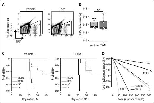 Figure 3. Decreased frequency of functional LICs in Atg7-deleted MLL-ENL mice. (A) Representative flow cytometric plot of donor cell engraftment 16 hours after BMT with 1 × 106 GFP+ Atg7flox/flox or Atg7Δ/Δ cells. (B) Collective data of donor cell engraftment at 16 hours after BMT with 1 × 106 GFP+ Atg7flox/flox or Atg7Δ/Δ cells (n = 7 per group). (C) Kaplan-Meier curves represent survival of tertiary recipients with 3, 30, 300, or 3000 GFP+ BM cells from vehicle- or TAM-treated leukemic mice (n = 4-8 per group). (D) Poisson statistical analysis of limiting dilution transplantation assay. Plots were generated for estimation of the frequency of functional LICs in GFP+ BM cells from vehicle- or TAM-treated leukemic mice (n = 4-8 at each cell dose). The plot represents the logarithm of the frequency of living mice at 42 days after injection for the indicated number of cells. LIC frequency was 1:46 for vehicle-treated (95% confidence interval, 1:18-115) and 1:301 for TAM-treated (95% confidence interval, 1:126-718) leukemic mice. P = .0002.