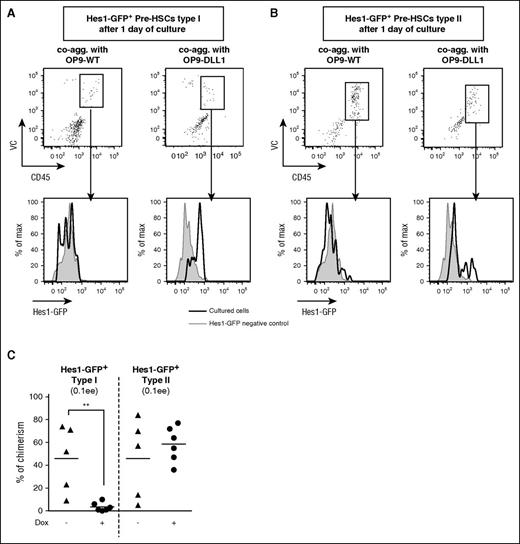 Figure 3. Forced Notch activity blocks pre-HSC type I maturation. (A-B) Forced activation of Notch activity elevates Hes1-GFP expression in pre-HSCs type I and type II. Hes1-GFP+ pre-HSCs type I (lin−VC+CD45−CD43+cKit+) and type II (lin−VC+CD45+Sca1+cKit+) were sorted from E11.5 AGM and coaggregated either with OP9-WT (left column) or OP9-expressing DLL1 upon doxycycline addition (right columns). After 1 day of culture, VC+CD45+ cells (dot plots) derived from pre-HSCs type I and type II were analyzed for Hes1-GFP expression (black histograms) and compared with Hes1-GFP− control cells (gray histograms). The data are representative of 2 independent experiments. (C) Forced Notch activity prevents pre-HSC type I maturation. Hes1-GFP+lin−VC+CD45−CD43+cKit+ pre-HSCs type I and Hes1-GFP+lin−VC+CD45+Sca1+cKit+ pre-HSCs type II were sorted from E11.5 AGM regions and reaggregated with OP9-Dll1. The coaggregates were cultured with cytokines with or without doxycycline for 5 days before transplantation (0.1 ee per recipient); n = 2; **P < .01, Mann-Whitney test.