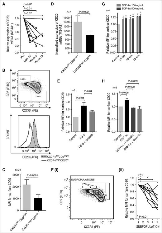 Figure 1. The effect of microenvironmental interactions on CD20 expression in CLL cells. (A) Relative CD20 mRNA (MS4A1) expression in samples obtained before and during ibrutinib treatment of CLL patients (N = 8 patients; for characterization of CLL samples, see supplemental Table 1, sample no. CLL102-109). Samples were acquired the day before the first administration of ibrutinib (Pre), and on day 15, and/or week 5 and/or week 12 after the first ibrutinib administration. (B) A representative example of the gating of CXCR4dimCD5bright and CXCR4brightCD5dim CLL cell populations analyzed using flow cytometry (top). The histogram of the surface CD20 expression on CLL cells gated in the top panel (bottom). (C) The mean fluorescence intensity (MFI) for the surface CD20 on CXCR4dimCD5bright and CXCR4brightCD5dim CLL cells (N = 21 pairs; for characterization of CLL samples, see supplemental Table 2). The statistical difference was tested by paired Student t test. (D) Normalized CD20 mRNA (MS4A1) expression in sorted CXCR4dimCD5bright and CXCR4brightCD5dim CLL cells (N = 7 pairs; purity >99% CD5+CD19+ cells; for characterization of CLL samples, see supplemental Table 2). The statistical difference was tested by paired Student t test. (E) Freshly obtained CLL cells (N = 6, purity >99% CD5+CD19+ cells; for characterization of CLL samples, see supplemental Table 2) were seeded (2.5 × 106 cells per mL) on plastic (control) or an HS-5 monolayer. CLL cells were pretreated with vehicle (labeled HS-5) or ibrutinib (HS-5 + ibrutinib) for 2 hours prior to being seeded on the HS-5 stromal cells. The CLL cells were treated with ibrutinib (1 μM) prior to seeding on stromal cells to ensure full BTK inhibition before the contact of B cells with HS-5 cells. The control stands for CLL cells treated with vehicle and cultured on plastic with no contact with stromal cells. After 48 hours in cultivation, all cells in the wells were harvested and labeled with anti-CD20 antibody and Annexin-V, and CD20 MFI was analyzed on viable CD105-negative cells (ie, CLL cells) by flow cytometry. CD105 was used as a stromal cell marker. (F) A representative plot showing gating strategy of 5 subpopulations based on CXCR4 and CD5 expression (i). The relative surface CD20 expression in CLL subpopulations gated according to CXCR4/CD5 levels (ii; N = 9 CLL samples). The statistical difference was tested by paired Student t test. (G) Freshly obtained CLL cells (N = 4, purity >99% CD5+CD19+ cells; for characterization of CLL samples, see supplemental Table 2) were seeded on a plastic surface at a concentration of 2.5 × 106 cells per mL and treated with recombinant human SDF-1α (100 or 500 ng/mL), or vehicle (control) and cultured for 24/48/72 hours. After the indicated cultivation period, the CLL cells were harvested and labeled with anti-CD20 antibody and Annexin-V, and CD20 MFI was analyzed on viable cells using flow cytometry. MFI on the control cells was set as 1. *P ≤ .05. (H) Freshly obtained primary CLL cells (N = 5, purity >99% CD5+CD19+ cells; for characterization of CLL samples, see supplemental Table 2) were seeded on plastic (2.5 × 106 cells per mL) and treated with SDF-1α (labeled SDF-1α) or plerixafor and SDF-1α (SDF-1α + plerixafor) or ibrutinib and SDF-1α (SDF-1α + ibrutinib). Ibrutinib (1 μM) or plerixafor (5 μg/mL) was added to the cell culture 2 hours prior to SDF-1α treatment (500 ng/mL) to ensure full BTK/CXCR4 inhibition before the contact of B cells with the SDF-1α chemokine. The control stands for cells that were treated with vehicle and cultured on plastic with no inhibitor or SDF-1α treatment. After 48 hours in cultivation, all cells in the wells were harvested and labeled with anti-CD20 antibody and Annexin-V, and CD20 MFI was analyzed on viable cells using flow cytometry.