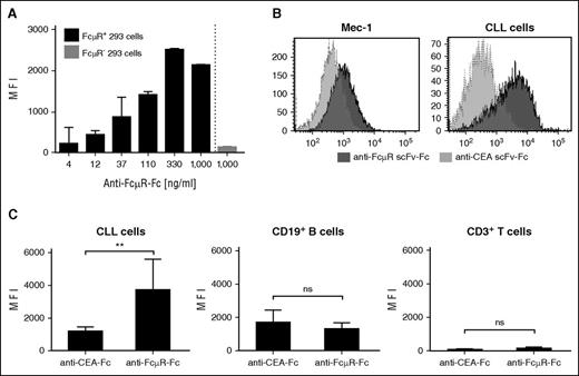 Figure 2. The anti-FcμR scFv-Fc antibody conserves the binding specificity of the parental 6B10 antibody. (A) The anti-FcµR scFv-Fc antibody, which represents the extracellular CAR domain, specifically binds to FcµR+ cells. FcµR+ 293 cells (2 × 105 cells) were incubated in serial dilutions starting from 1000 ng/mL with anti-FcµR scFv-Fc. For control, 293 FcµR− cells were incubated with the anti-FcµR scFv-Fc protein (1000 ng/mL). Bound protein was detected by flow cytometry using the PE-conjugated anti-IgG antibody. Data represent the MFI of triplicates ± standard deviation (SD). (B) The anti-FcµR scFv-Fc binds specifically to Mec-1 and primary CLL cells. Mec-1 cells and patient’s CLL cells were incubated with the anti-FcµR scFv-Fc or, for control, with the anti-CEA scFv-Fc antibody of irrelevant specificity (each 1000 ng/mL). Bound scFv-Fc was detected by flow cytometry, and histograms were overlayed (light gray: anti-CEA scFv-Fc; dark gray: anti-FcµR scFv-Fc). (C) The anti-FcµR scFv-Fc retains binding specificity of the parental 6B10 mAb. CLL cells (n = 6) and B and T cells of healthy blood donors (n = 3 each) were incubated with anti-FcµR scFv-Fc or, for control, with the anti-CEA scFv-Fc (each 1000 ng/mL) and detected by the PE-conjugated anti-human IgG antibody (1:500). T cells and B cells were identified by anti-CD3 and anti-CD19 mAbs, and the MFI of bound scFv-Fc proteins was determined. Data represent mean values ± SD of the various donors. Statistical analysis was performed using the Student t test (**P < .01; ns, not significant).