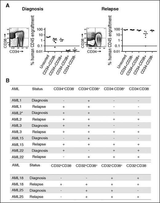 Figure 1. LSC populations from paired AML diagnosis and relapse samples. (A) Engraftment levels of sorted cells of 4 populations (CD34+CD38−, CD34+CD38+, CD34−CD38+, CD34−CD38−), as well as unsorted cells from a representative AML sample (AML3) at diagnosis and relapse. Each dot represents the human CD45+ engraftment level in BM of individual NSG mouse; a percentage greater than 0.1 is defined as leukemic engraftment. The horizontal line is the mean level of engraftment for each population. (B) Summary of the LSC activity in 7 sorted AML samples (as defined by CD34 and CD38 or CD32 and CD38) at diagnosis and relapse. The equivalent dose of mononuclear cells per mouse is from 5 × 105 to 3 × 106 cells for sorted populations. The summary of cell dose for primary xenotransplantation is in supplemental Table 3. Plus sign indicates LSC detected at this sensitivity; minus sign indicates no LSC detected at this sensitivity. *LSC activity detected using NOD-scid IL2Rgnull-3/GM/SF mice because of limited materials.