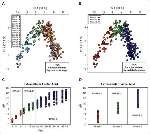 Figure 1. Data set definition. (A) PCA of 20 RBC units where the color of the solid circles is defined by time of storage. (B) PCA of 20 RBC units where the color of the solid circles is defined by metabolic phase. (C) Profile of extracellular lactic acid during the storage. (D) Profile of extracellular lactate in the 3 different metabolic phases.
