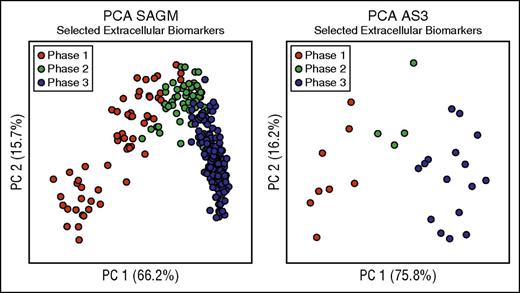 Figure 3. Biomarkers selection. This figure considers only 8 biomarkers (lactic acid, nicotinamide, 5-oxoproline, xanthine, hypoxanthine, glucose, malic acid, and adenine) to define the metabolic states of RBCs during cold storage. (A) PCA performed on selected extracellular SAGM biomarkers. (B) PCA performed on selected extracellular AS3 biomarkers.