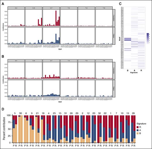 Figure 5. Enrichment of a novel mutational signature. Mutation signatures associated with relapse were identified with the SomaticSignatures R package28 using non-negative matrix factorization. To account for the association of MAF translocations with the “APOBEC signature,” we differentiated between cases assigned to the MF molecular subgroups (MF) and other cases (noMF). The mutational spectra at presentation and relapse are shown in (A) and (B) for all MF and noMF cases, respectively. For the identification of signatures, only paired samples with at least 30 acquired mutations at relapse were included (6 MF, 16 non-MF cases). (C) The 3 identified signatures are presented. (D) Shown are the contribution of these signatures to the mutation load at presentation (P) and acquired mutations at relapse (R) in the 22 analyzed cases.
