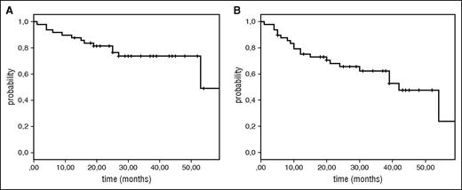 Figure 1. Overall survival and progression-free survival of patients enrolled in NLG/MCL2 (Lena-Berit) at a median follow-up time of 31 (13-59) months. (A) Overall survival; (B) progression-free survival.