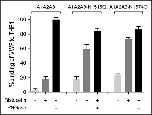 Figure 5. N-linked glycans N1515 and N1574 modulate in vitro binding of VWF to macrophages. To examine the biological mechanisms mediating the enhanced clearance of A1A2A3-N1515Q/N1574Q, we assessed binding to THP-1 macrophages in vitro. The binding of A1A2A3 VWF and the glycan variants A1A2A3-N1515Q and A1A2A3-N1574Q to THP-1 macrophages was examined in the presence or absence of 1mg/ml ristocetin. Additionally, all the A1A2A3 variants were subjected to PNGase treatment to remove both N-linked glycans (black columns) and THP-1 macrophage binding was measured. Data are graphed as percentage binding relative to maximal binding (mean ± SEM).