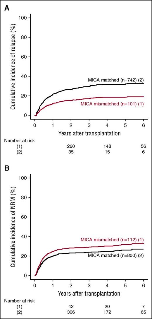 Figure 2. Effect of MICA matching on relapse and NRM. The cumulative incidence of relapse (A) and NRM (B) for mismatched (1) vs matched (2) patients at the MICA locus are shown.
