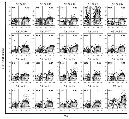 Figure 1. TGEM of CD4 T cells from subject GS1-56A using DRB1*01:01 tetramers loaded with pooled FVIII peptides. CD4 T cells were stimulated with pools of peptides having overlapping sequences spanning the FVIII-A2, C1, and C2 domains and then incubated with DRB1*01:01 tetramers loaded with the corresponding peptide pools on day 14. As a positive control, cells from the same subject were stimulated with peptides corresponding to known DRB1*01:01-restricted TT epitopes37: TT585-605, TT666-685, and TT674-693. Plots show binding of CD3+ lymphocytes to APC-anti-CD4 IgG and PE-tetramer. The name of the peptide pool used for staining is indicated above each plot. The cutoff used for selecting pools for staining using individual peptides (decoding) was 1.0% CD4+Tetramer+ cells. These populations are circled. Pseudocolor plots with percentages of cells in each quadrant were created with FlowJo v10.0.7.