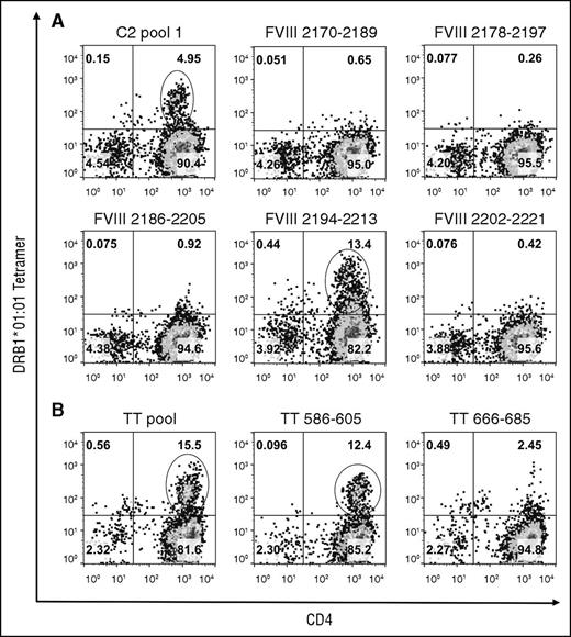 Figure 2. Decoding of GS1-56A pooled-peptide tetramer-positive staining results. CD4 T cells stimulated with FVIII-C2-pool 1 peptides (A) or with positive control DRB1*01:01-restricted TT peptides (B) were stained on day 18 using tetramers loaded with the corresponding peptide pool and with the individual peptides comprising the pool. Plots show binding of CD3+ lymphocytes to APC-anti-CD4 IgG and PE-tetramer. The name of the peptide pool or individual peptide is indicated above each plot. Pseudocolor plots with percentages of cells in each quadrant were created with FlowJo v10.0.7. Decoding identified strong HLA-DRB1*01:01-restricted T-cell responses to FVIII2194-2213 and to TT586-605. Decoding of A2-pool 4 and C1-pool 3 tetramer-positive staining results (Figure 1) indicated both were because of nonspecific binding (supplemental Data).