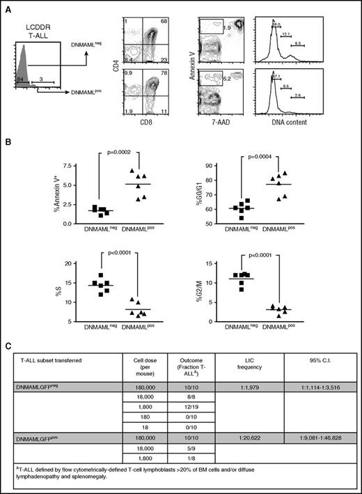 Figure 4. Suppression of DNMAML-GFP improves survival, relieves cell cycle arrest, and increases LIC frequency. Sorted DNMAML-expressing thymic lymphoma cells from LCDDR mice were transferred into secondary recipients. T-ALLs that developed in these mice were subdivided into T-ALL cells that continued to express DNMAML-GFP (DNMAML+) and T-ALL cells that suppressed DNMAML-GFP (DNMAML−). These 2 populations were then analyzed for T-cell markers (CD4 and CD8), apoptotic cells (Annexin V+/7-AAD−), and cell cycle status using flow cytometry. A representative recipient mouse is shown in panel A and the rest of the cohort is shown in panel B in scatter plot format. P values (Student t test) were .0002 (% Annexin V+/7-AAD−), .0004 (% G0/G1), <.0001 (% S), and <.0001 (% G2M) and are shown on the plots. (C) Sorted DNMAML-GFP+ or DNMAML-GFP− thymic lymphoma cells were transferred at limiting dilution into lethally irradiated secondary recipient mice. The number of mice in each cohort that developed T-ALL over at least 6 months was used to determine the frequency of LIC activity by Poisson statistics. C.I., confidence interval.