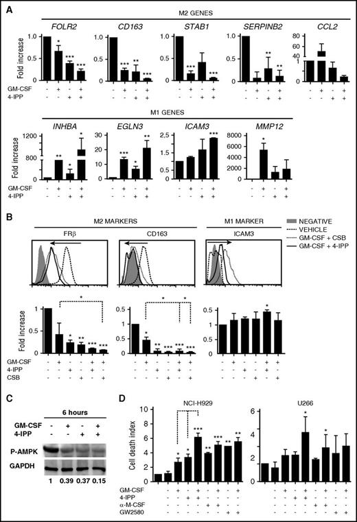 Figure 4. Repolarization of protumoral M-MØ toward antitumoral MØ. (A) Quantitative reverse transcription polymerase chain reaction (qRT-PCR) analyses of M2 and M1 genes from M-MØ treated for 24 hours with GM-CSF (1000 U/mL), the MIF inhibitor 4-IPP (50 μM), or in combination. Values of M-MØ in the absence of treatment are given an arbitrary value of 1. Results represent mean ± SEM of 10 independent donors. (B) Flow cytometry histograms showing cell surface expression of FRβ, CD163, and ICAM-3 in M-MØ untreated or treated as indicated. Results from a representative MØ donor (upper graphs), and MFI ± SEM quantification of at least 4 independent experiments with the indicated treatments (lower graphs) are shown. Values in the absence of treatment are given an arbitrary value of 1. (C) Immunoblot analysis of phospho-AMPK (P-AMPK) expression in M-MØ untreated or treated for 6 hours with GM-CSF, 4-IPP, or in combination. Densitometric analyses (a.u.) normalized to glyceraldehyde-3-phosphate dehydrogenase (GAPDH) levels and referred to M-MØ control are shown. (D) Determination of NCI-H929 and U266 cell death alone (first bar) or cultured with M-MØ untreated or treated as indicated. 4-IPP (50 μM), M-CSF neutralizing Ab (1 μg/mL), M-CSFr inhibitor GW2580 (1 μM). Results represent mean ± SEM of 3 independent experiments with different donors. *P < .05; **P < .01; ***P < .001.