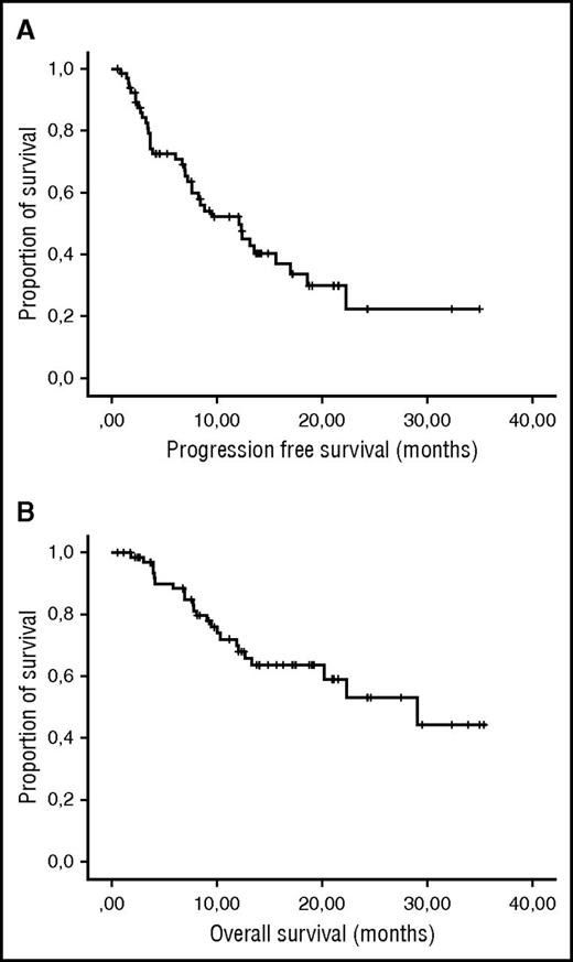 Figure 1. PFS and OS for patients treated at the MTD. (A) PFS and (B) OS of the 67 lenalidomide-refractory MM patients treated with REP at the MTD.