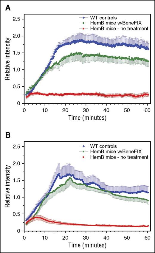 Figure 4. Venous thrombosis model at 250 IU/kg. The intravital thrombosis assay: an electrolytic injury was delivered to the surface of a mouse femoral vein for 30 seconds (1.5 V anodal current) after the injection of fluorophore labels for fibrin (A) and platelets (B) captured with time-lapse fluorescence imaging from 1 to 60 minutes later. Data are quantitated and normalized every video frame showing comparative levels for WT (blue), FIX knockout mice without treatment (red), or FIX knockout mice with 250 IU/kg BeneFIX injected 6 hours prior to thrombus induction (green lines), using a group of 5 to 6 mice per genotype and treatment. Data are means; errors bars are standard error of the mean. There are no statistical differences between the WT and HemB mice with BeneFIX treatment, whereas the untreated HemB mice had lower levels of accumulation for both thrombotic parameters (P < .001 at 10 or more minutes; analysis of variance).