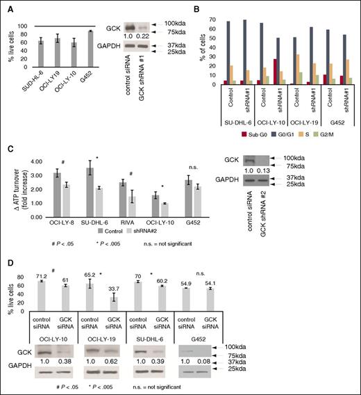 Figure 3. GCK RNA interference leads to cell death and cell-cycle arrest of DLBCL cell lines. (A) DLBCL cells were infected with lentiviral vectors expressing both GFP and either shRNA#1 directed against GCK or a nontargeting (control) vector. The percentage of live cells in the GCK shRNA vector expressing cells at 72 hours postinfection are presented as a percentage of the control cells. The efficacy of these shRNAs is demonstrated by immunoblotting for V5-tagged GCK in 293T cells. (B) Cell-cycle analysis of GCK shRNA#1 vector or control infected cells, representative of results in 3 independent experiments. (C) DLBCL cells were infected with lentiviral vectors with a puromycin resistance cassette and either shRNA#2 directed against GCK or a nontargeting (control) vector. ATP turnover was measured using the ATPlite System, as described in “Methods,” to simultaneously assess growth and viability. A western blot showing representative knockdown in SU-DHL-6 cells is to the right. This experiment was performed 3 times. (D) ON-TARGETplus siRNA was transfected using AMAXA electroporation to knock down GCK expression in OCI-LY-10, OCI-LY-19, SU-DHL-6, or G452 cells. Survival of cells at 72 hours posttransfection was analyzed by flow cytometry. Western blots showing representative knockdown in the same cell line are beneath each survival graph. All experiments were performed at least 3 times. Data in (A,C-D) are represented as mean ± standard error of the mean.