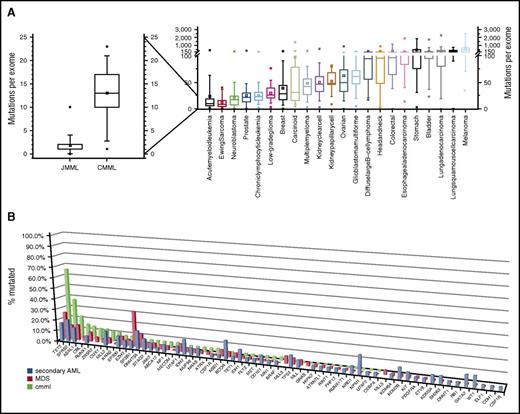 Figure 1. Genetic homogeneity of CMML relative to other cancers. (A) Comparing the number of somatic mutations per exome by box plots with 25 and 75 percentile box interval and an overall interval of 5% to 95%. Data are derived from Stieglitz et al,73 Merlevede et al,5 and Lawrence et al.26 (B) The occurrence of mutations in CMML, MDS, and secondary AML demonstrating all genes mutated at >3% frequency. Data derived from Papaemmanuil et al.18
