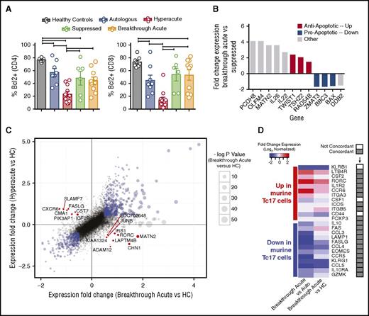 Figure 5. T cells during breakthrough acute GVHD display a prosurvival and Th17-skewed phenotype. (A) Flow cytometric analysis of PBMCs measured for the expression of Bcl-2. Plots depict the percentages of CD4 and CD8 T cells expressing Bcl-2. *P < .05 using analysis of variance (ANOVA) with Tukey multiple comparison test. (B) Bar plot of fold-change expression values (log2 normalized) for transcripts in breakthrough acute vs suppressed samples that meet differential expression cutoffs (fold change > 1.3 and P < .05 using a moderated t statistic corrected using the Benjamini procedure.) Red bars, Antiapoptotic transcripts. Blue bars, Proapoptotic transcripts. Gray bars, Genes with other functional attributes. (C) Scatter plot of fold-change expression values (log2 normalized) of breakthrough acute vs healthy controls (HCs) (x-axis) and hyperacute vs healthy controls (y-axis). Blue points denote those transcripts whose expression is above threshold values (log2 fold change < 0.5, and P < .05 using a moderated t statistic corrected using the Benjamini procedure) and whose expression in both breakthrough acute and hyperacute samples is overrepresented or underrepresented relative to healthy controls. Red points denote pivot transcripts, whose expression meets cutoffs noted above, and whose differential expression in breakthrough acute and hyperacute samples compared with healthy controls are in opposite directions. (D) Heatmap showing the expression levels of inflammatory Tc17-related genes identified in a study of fate-mapped murine Tc17 cells35 in the NHP breakthrough acute GVHD arrays compared with either autologous controls (Auto, left column) or healthy controls (HC, right column). The rows in the heatmap contain 24 genes previously identified as overrepresented (n = 12, top half of heatmap) and underrepresented (n = 12, bottom half of heatmap) in murine Tc17 cells during GVHD relative to controls. One gene (Ly6c1) identified in the murine study was not included in this analysis, as it has no human/NHP ortholog.36 The columns reveal the expression of these genes in the breakthrough acute cohort vs either autologous (left) or healthy controls (right). The column to the right of the gene names designates whether the direction of expression in breakthrough acute vs autologous or healthy controls is concordant (gray boxes) or not (white boxes) with the expression in murine Tc17 cells.