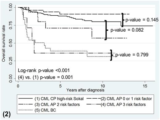 Figure 2. Kaplan-Meier survival curves for OS according to phases of CML with AP patients separated by number of risk factors present.