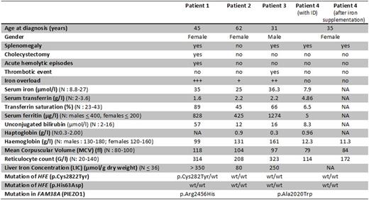 Table. Clinical, biological, and radiological characteristics of the 4 patients. / N: normal value; NA: not available; wt: wild-type; ID: iron deficiency
