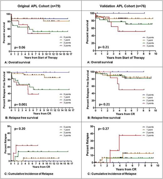 Figure 1. Comparison of the original cohort and the validation cohort. Discrimination by the integrative risk score (0-3points) for OS, RFS and CIR.
