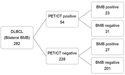 Figure 1. (Case distribution of bone marrow status assessed by PET/CT and BM biopsy in patients with bilateral BMB)