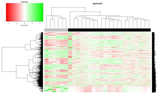Figure 1. Hierarchical clustering and heatmapshowing differentially expressed genes (P-value<0.05) between SF3B1MUT (n=21, black) and SF3B1WT samples (n=6, grey) Ref. Alsafadi S et al. Nat Commun. 2016 Feb 4;7:10615.
