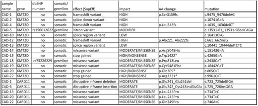 Table 1. Mutations in KMT2D and CARD11 gene in CAD.