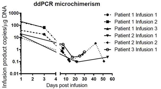 Figure 1. Donor DNA detected following partially HLA matched unrelated donor cell infusions