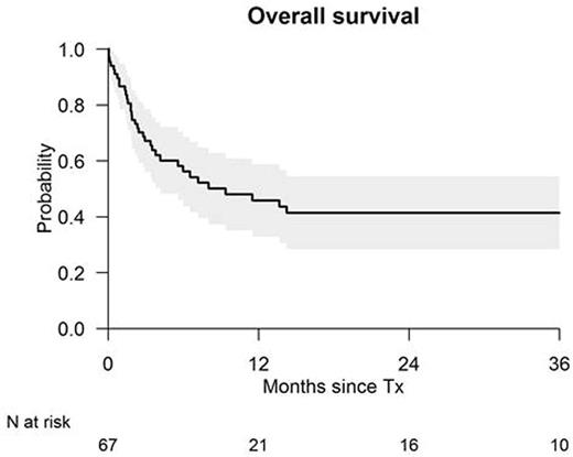 Figure. Overall survival after allogeneic stem cell transplantation for adult HLH patients until 36 months (95% Confidence Intervals are shown in grey). The number of patients at risk is indicated below the time axis at the corresponding time points.