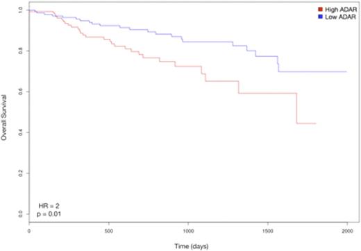 Figure 3. Kaplan-Meier curves of overall survival in the Shaughnessy cohort stratified by ADAR expression (GSE2658)