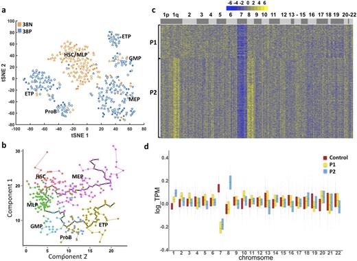 Figure 1. a. Single-cell gene expression patterns assigned single cells from healthy controls to seven clusters. 38N: CD34+CD38- population; 38P: CD34+CD38+ population. Different shapes represent cells from different subjects. b. Pseudo-time ordering of cells using Monocle reveals a two-branch stepwise development from stem cells to erythroid or lymphoid/myeloid cells. c. Heatmap of the copy-number variation (CNV) signal normalized against healthy controls shows CNV changes by chromosome (columns) for patients' individual cells (rows). d. Genome-wide gene expression binned per chromosome in single cells from P1, P2 and healthy controls. Chromosomal mapping reads values were median centered.
