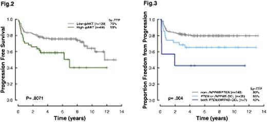KM curves according to pAKT protein expression (Fig 2) and PTEN and INPP4B deletions (Fig 3).