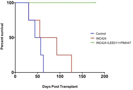 Figure 1. Survival of mice transplanted with bone marrow transduced with MPLW515L
