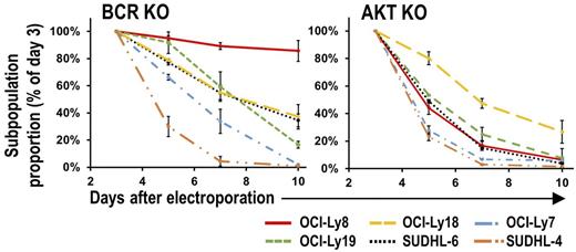 Figure 2. Effect of BCR KO or pan-AKT KO in GCB-DLBCL cell lines.