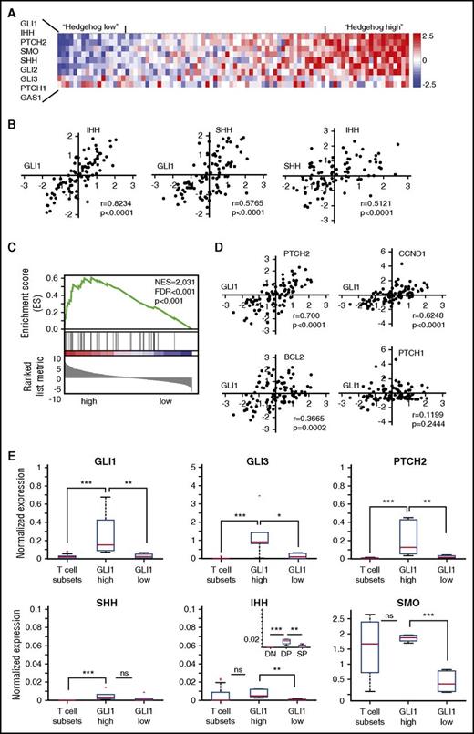 Figure 1. Hedgehog components are ectopically expressed in a subgroup of T-ALL patients. (A) Heat map showing the relative expression of genes encoding hedgehog components in a cohort of 88 T-ALL patients. Patients were ordered based on the expression of the 9 hedgehog pathway genes. (B) GLI1 expression levels correlate with expression of the hedgehog ligands SHH and IHH. (C) The hedgehog pathway signature is enriched in T-ALL patients with high GLI1 levels. Patients were categorized in “High,” “Intermediate,” or “Low” based on the expression levels of the GLI1 gene. Subsequent GSEA between “High” and “Low” patients identified hedgehog pathway as significantly upregulated. (D) Correlation between expression levels of GLI1 and known GLI1 target genes. A significant correlation was found with PTCH2, CCND1, and BCL2, but not with PTCH1. (E) Box plots showing the relative expression of 6 genes of the hedgehog pathway during normal mouse T-cell development and in T-ALL patients with high or low GLI1 expression. *P < .05; **P < .01; ***P < .001. Error bars indicate SEM.