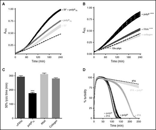Figure 4. PolyP and fibrin augment αFXIIa-mediated plasminogen activation. (A) Plasminogen activation was analyzed by incubating 200 nM αFXIIa and 200 nM Glu-plasminogen (dotted line) in the presence of either 3.8 μM soluble fibrin (SF; light gray), 70 μM polyP70 (dark gray), or both SF and polyP70 (black). Plasmin activity was detected using the chromogenic substrate S2251 at 405 nm. Data represent mean ± SEM (n = 3; P < .001). (B-C) The plasminogen activator function of αFXIIa (200 nM) was analyzed in the presence of different surfaces, including polyP70 (70 μM), RNA (10 μg/mL), and collagen (5 μg/mL). (B) Plasmin activity, generated from 200 nM plasminogen, was detected using S2251. (C) Fibrinolysis was analyzed by forming clots from fibrinogen (3.8 μM), αFXIIa (200 nM), Glu-plasminogen (200 nM), thrombin (0.25 U/mL), and CaCl2 (10 mM). Lysis was monitored at 405 nm, and mean ± SEM are shown as the time from maximal absorbance of the clot to 50% lysis (n = 3; ***P < .001). (D) Fibrin clots were formed and monitored as described in panel C, with 70 μM polyP70 (black), 1 pM tPA (gray), or both polyP70 and tPA (dark gray). The clots formed with tPA (dashed line) and both tPA and polyP (light gray) were formed in the absence of αFXIIa. Mean data ± SEM are expressed as percentage turbidity (n = 4; P < .0001).