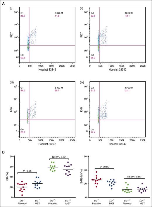 Figure 2. Metformin administration helps FA HSPCs maintain quiescence. (A) Representative flow cytometry profiles of the cell cycle analysis for KSL cells: placebo-treated Fancd2+/+ KSL cells (i), MET-treated Fancd2+/+ KSL cells (ii), placebo-treated Fancd2−/− KSL cells (iii), and MET-treated Fancd2−/− KSL cells (iv). The percentages on the profiles indicate the mean value for each group. (B) Statistical analysis of the cell cycle status. Data are poled results from 10 to 15 mice.