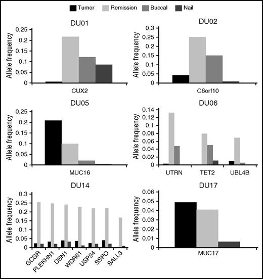 Figure 1. Allele frequencies of mutations in the tumor and remission marrows, buccal mucosa cells, and nails. Among 20 patients, 6 patients (DU01, DU02, DU05, DU06, DU14, and DU17) exhibited gene mutations in the remission marrows. We analyzed VAFs of these mutations in the tumor and remission marrows, buccal mucosa cells, and nails by using deep sequencing. Horizontal and vertical axes indicate names of mutated genes and VAFs, respectively. Dark and light gray boxes indicate the tumor and remission marrows, and small dotted and patched boxes denote buccal mucosa cells and nails.