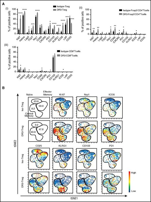 Figure 1. Treg expanded through DR3 signaling show a distinct immunophenotype. Whole T cells were isolated from αDR3 or isotype control Ab-treated WT-B6 mice and analyzed by FACS at 4 days after treatment. (A) The expression level of activation molecules in Foxp3+Treg (i), CD4+Foxp3-Tcells (ii), CD8+ T cells (iii) after in vivo expansion through DR3 signaling (n = 5; *P < .05; **P < .01; **P < .001; ****P < .0001). (B) The representative results of viSNE analysis using multicolor cytometry data in isotype control Ab-treated Foxp3+Treg (Iso-Treg) and αDR3-treated Foxp3+ Treg (DR3-Treg). The colors were scaled to the expression level of each molecule as indicated.