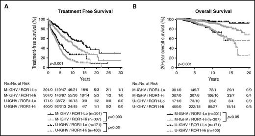 Figure 5. Relationship between expression levels of ROR1 and TFS, OS on CLL cells segregated on the basis of IGHV mutation status. Kaplan-Meier curves depict the TFS (A) or OS (B) probability over time for ROR1-Lo with M-IGHV (black solid line), ROR1-Lo with U-IGHV (black dashed line), ROR1-Hi with M-IGHV (gray solid line), or ROR1-Hi with U-IGHV (gray dashed line) subgroups of all CLL patients for whom the IGHV mutation status is known.