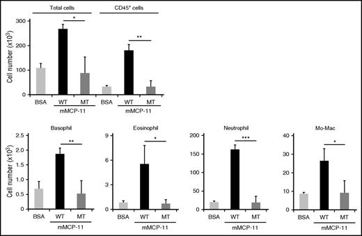 Figure 4. Repeated intradermal administration of recombinant mMCP-11 in the ear skin induces leukocyte infiltration in a protease activity–dependent manner. WT mice were treated 3 times at 24-hour intervals with intradermal administration of 10 μg WT mMCP-11 (black bars), inactive mutant (MT) mMCP-11 (dark gray bars), or control BSA (light gray bars) each time. The numbers of cells (total, CD45+ cells, and indicated leukocyte types) isolated from the ear skin at 4 hours postchallenge are shown (mean ± SD, n = 3 ears each). Data shown are representative of 3 independent experiments. *P < .05; **P < .01; ***P < .001.