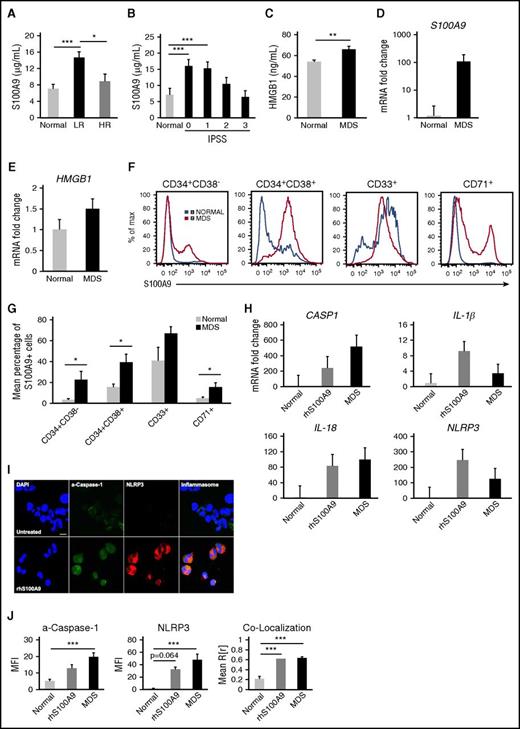 Figure 2. S100A9 initiates pyroptosis in MDS. (A) Enzyme-linked immunosorbent assay (ELISA) assessment of BM plasma concentration of S100A9 in normal donors (n = 12) vs MDS (n = 33 lower risk, n = 27 higher risk). (B) S100A9 BM plasma concentration analyzed according to IPSS risk score. (C) HMGB1 BM plasma concentration assessed by ELISA in normal donors (n = 11) and MDS patients (n = 55). (D) qPCR analysis of S100A9 mRNA levels in normal (n = 2) vs LR-MDS BM-MNCs (n = 8). (E) HMGB1 mRNA levels in normal (n = 6) vs MDS BM-MNCs (n = 10). (F) Representative histograms of intracellular levels of S100A9 by hematopoietic lineage in BM-MNCs isolated from MDS patients (n = 6) and normal donors (n = 5). (G) Mean percentage of S100A9+ cells by hematopoietic lineage. (H) qPCR analysis of untreated normal BM-MNCs (n = 3), normal BM-MNCs treated with 1 µg/mL rhS100A9 for 24 hours (n = 2), and MDS patient specimens (n = 5). (I) Representative micrograph (original magnification ×2520, 7.5 µm scale) depicting inflammasome formation in normal, untreated BM-MNC or normal BM-MNC treated with 5 µg/mL rhS100A9 for 24 hours (DAPI, blue; a–caspase-1, green; and NLRP3, red; merged images show inflammasome formation). (J) Quantitative analysis of confocal images of BM-MNCs from normal donors (n = 6), normal BM-MNCs treated with 5 µg/mL rhS100A9 (n = 2), and MDS patients (n = 10). Error bars represent SE. *P < .05, ** P < .01, and ***P < .001.