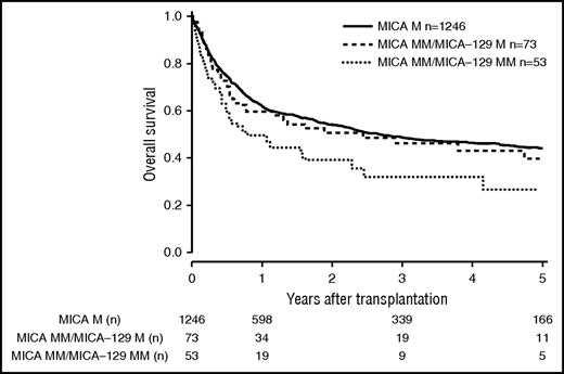 Figure 1. OS of patients with 10/10 compatible donors transplanted with a MICA matched donor (solid black line), a MICA mismatched/MICA-129 matched donor (dashed line), and a MICA mismatched/MICA-129 mismatched donor (dotted line) (P = .037). M, match; MM, mismatch.