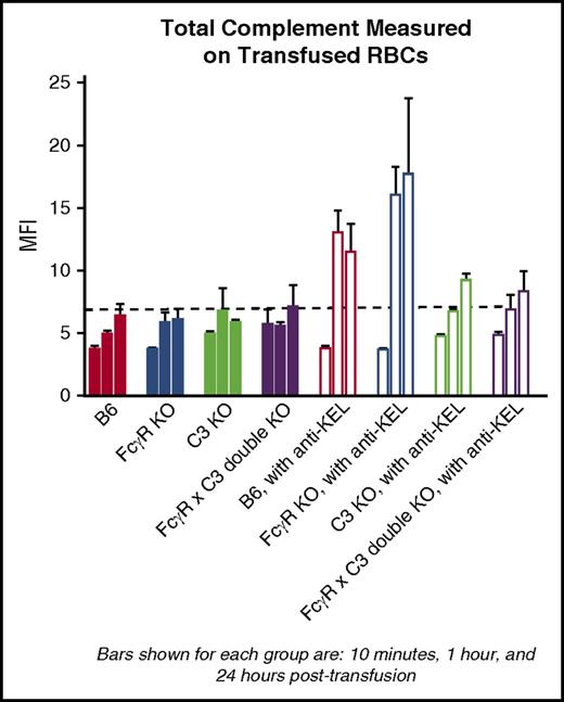 Figure 6. Total C3 detected on transfused KEL RBCs in wild-type and FcγR KO mice. Posttransfusion measurements of total C3 on lipophilically labeled KEL RBCs in different strains of recipients, transfused in the absence or presence of anti-KEL immunoprophylaxis. These data, shown at 10 minutes, 1 hour, and 24 hours after transfusion, are representative of 2 independent experiments with 3 mice per group per experiment; error bars indicate SD.