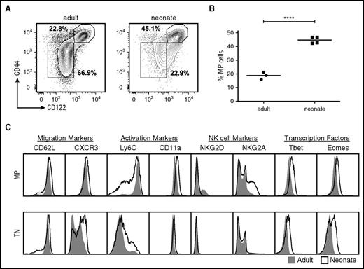 Figure 1. Memory phenotype CD8+ T cells are more abundant in early life and express different surface markers and transcription factors. (A) Surface expression of CD44 and CD122 by splenic CD8+ T cells from uninfected neonatal and adult gBT-I. (B) Statistical analysis of the percentages of MP cells from neonatal and adult gBT-I mice. (C) Comparison of various surface markers and transcription factors expressed in TN and MP cells from uninfected neonatal (line) or adult (shaded) gBT-I mice. Data are representative of at least 3 experiments. Significance was determined by Student t test (****P < .0001).