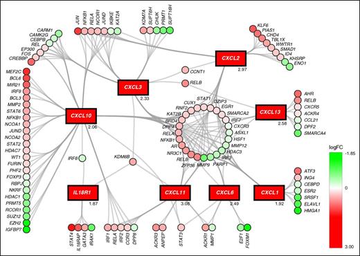 Figure 1. Chemokine ligands are upregulated in quiescent vs dividing CD34+ cells. The transcriptional differential regulation connected to chemokine expression (shown in rectangles) in human quiescent (CD34+, Hoechst−, and Pyronin Y−) vs dividing (CD34+, Hoechst+, and Pyronin Y+) cells. Upregulation is shown in red and downregulation in green; color intensity indicates the extent of differential regulation as indicated in the color key. logFC values for the chemokines are given on the bottom-right of the relevant box. logFC, log fold change.